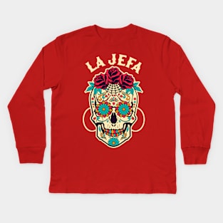 La Jefa Sugar Skull Mexican Dia De Los Muertos Day of Dead Kids Long Sleeve T-Shirt